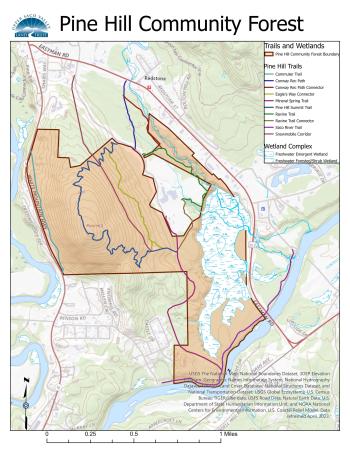 Map of trails and wetland areas at Pine Hill Community Forest