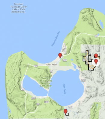 Palmer Woods property boundary (highlighted red pin) and surrounding protected areas