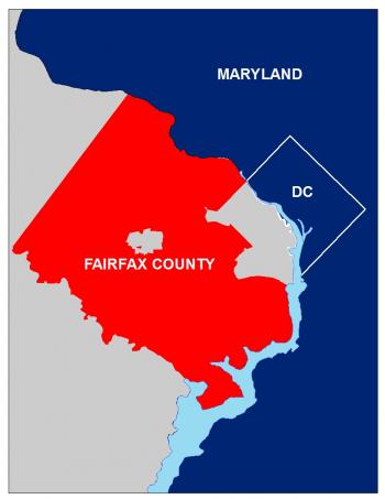 Fairfax County Map showing the outline of Fairfax County in relation to Maryland and Washington, DC