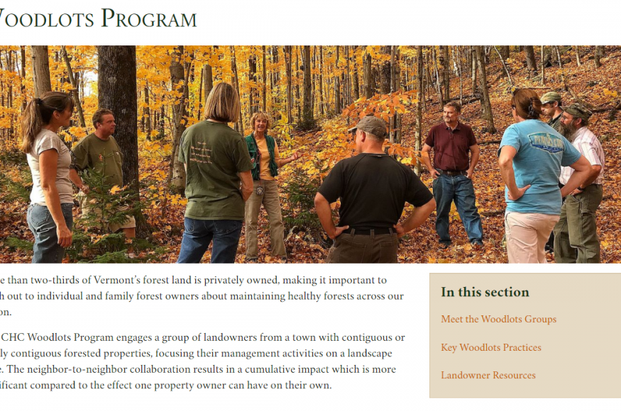 Overview of the Woodlots Program featuring a photo of landowners gathered in the forest