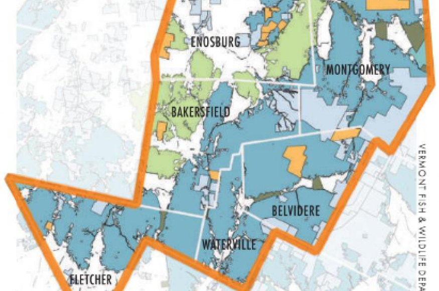 Map outlining conserved lands within the Cold Hollow to Canada region