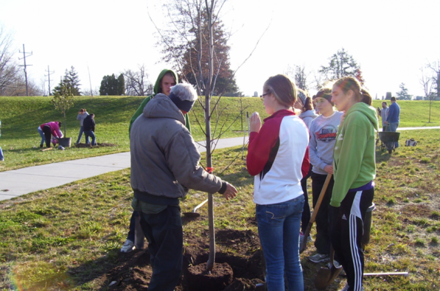 people gathered around a tree that they are planting. 