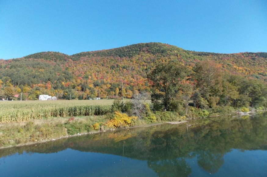 a wide river with a forested hill in the background
